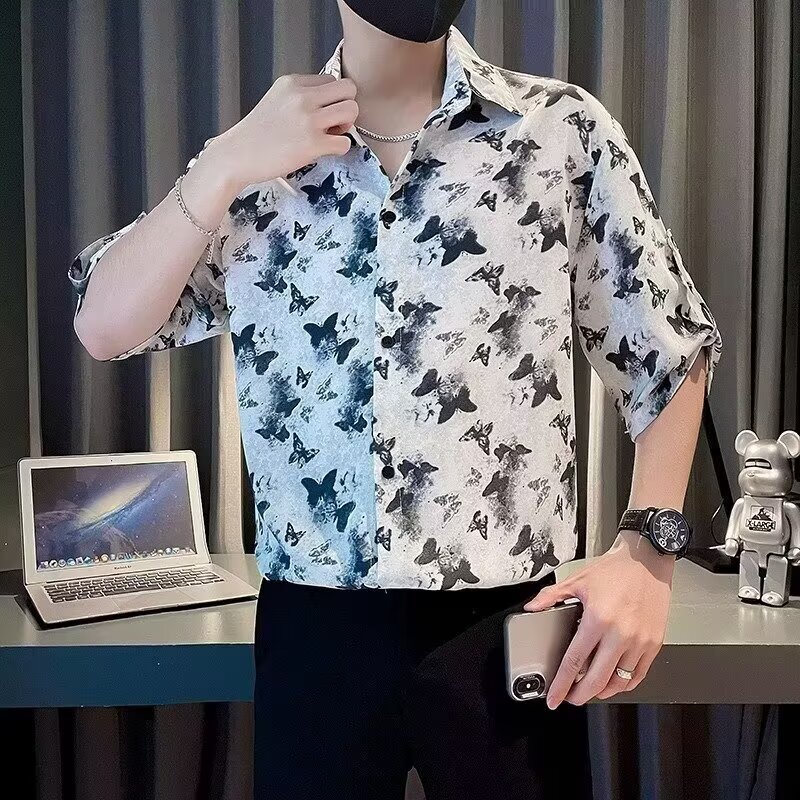 2026夏季新款美式复古痞帅情侣蝴蝶印花短袖衬衫上衣男女潮百搭