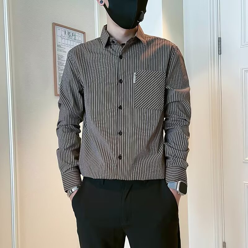 条纹衬衫男士春秋季新款潮牌痞帅休闲宽松外套翻领长袖上衣服