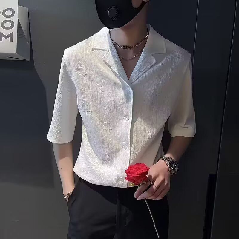 夏季高级感简约轻熟条纹衬衫男短袖双排扣休闲衬衣古巴领上衣日系