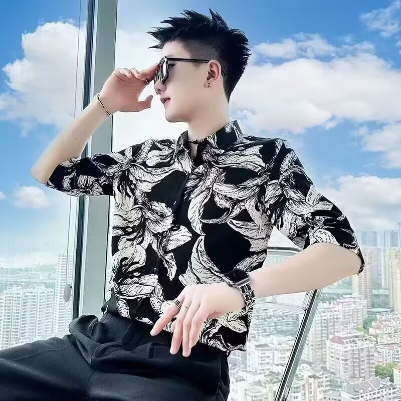 欧货夏季新款男士2026印花翻领修身韩版衬衣时尚个性型男修身衬衣
