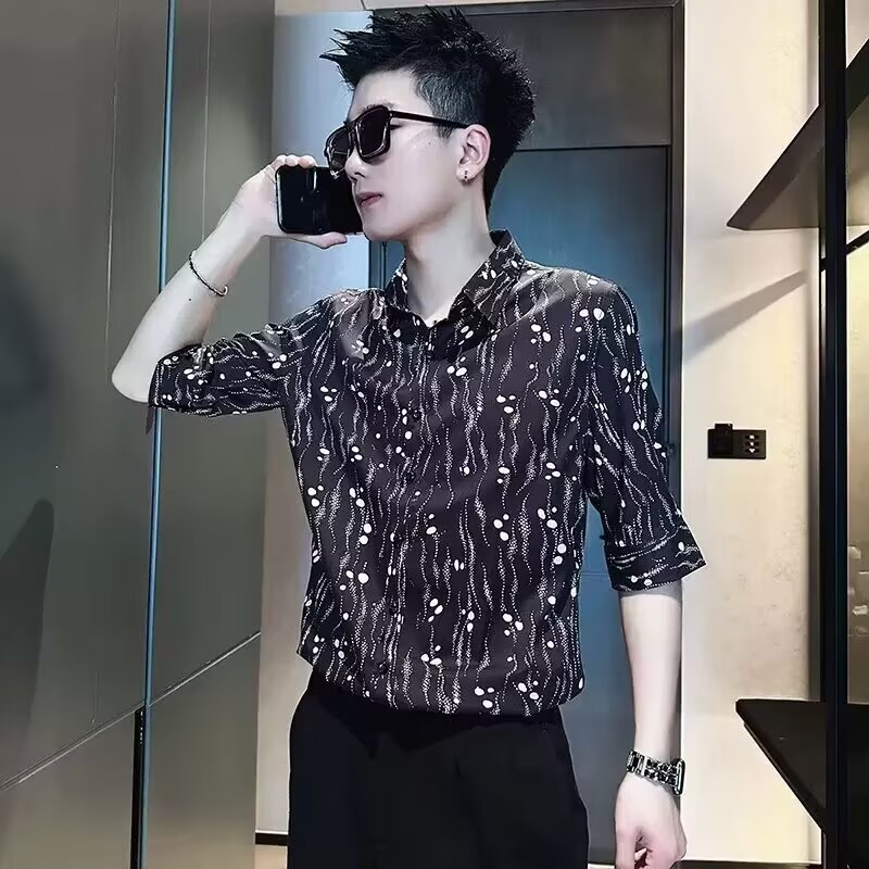 春秋帅气衬衫男士长袖个性高级感免烫抗皱花衬衣男潮流主持人上衣