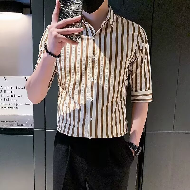 夏季休闲半袖衬衣青年透气冰丝免烫发型师时尚条纹打底短袖衬衫男