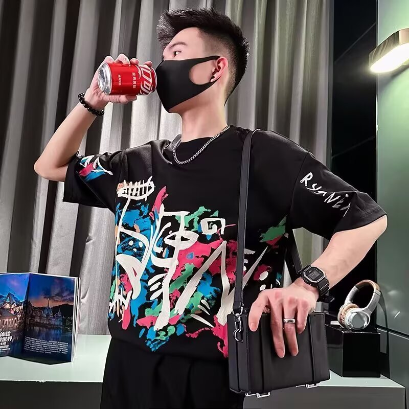 夏季新款男士印花重磅短袖T恤时尚潮流百搭圆领半袖上衣休闲打底t