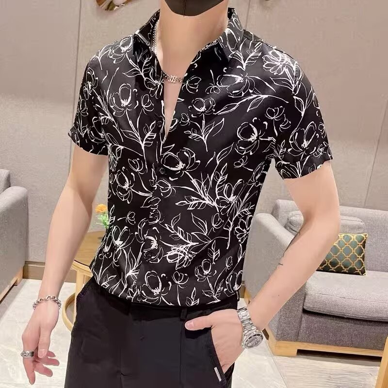 欧货夏季新款男士冰丝印花翻领修身韩版衬衣时尚个性型男修身衬衣