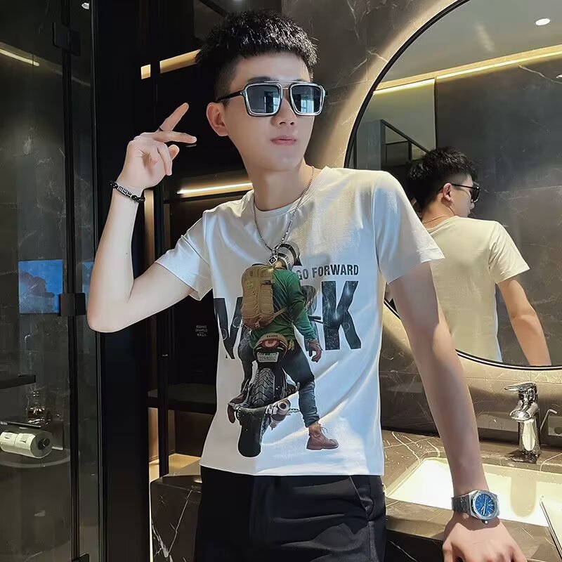 时尚短袖t恤男夏季休闲社会青年小伙半袖潮牌网红印花修身男体恤