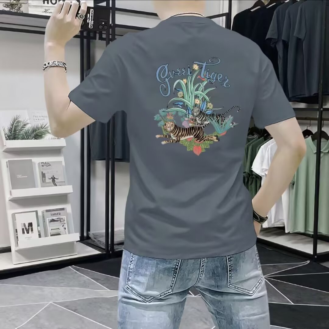 夏季新款刺绣圆领短袖T恤男士韩版修身弹力半袖ins百搭休闲上衣男