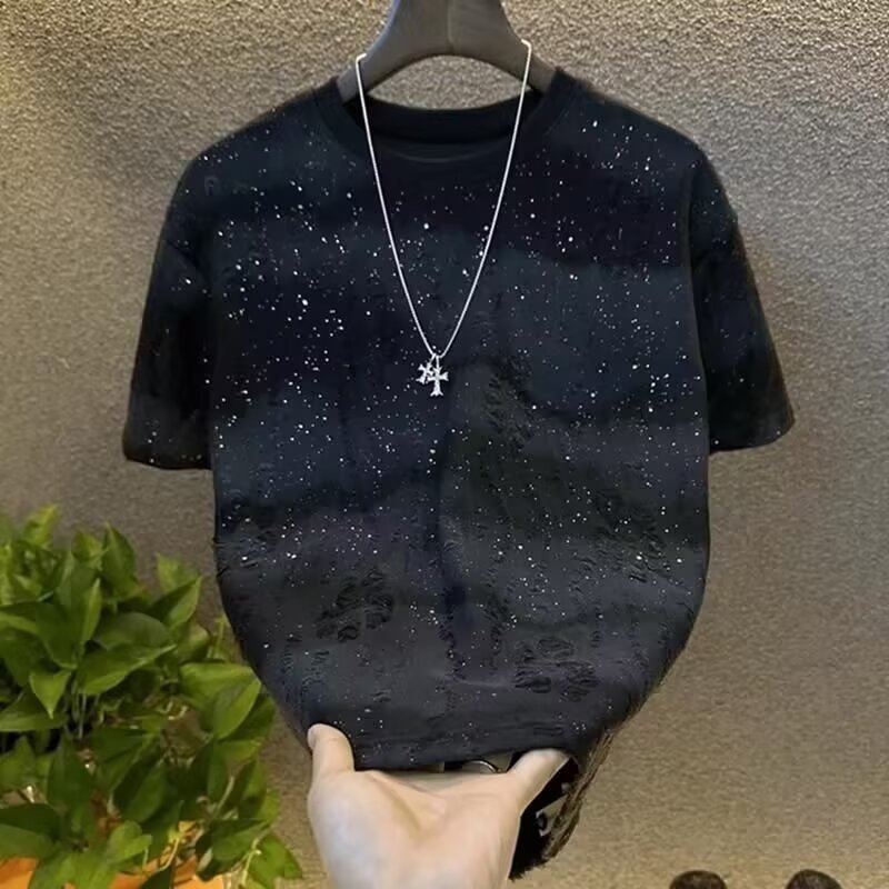夏季潮流轻奢满天星烫钻短袖T恤男高端简约百搭时尚破洞半袖上衣
