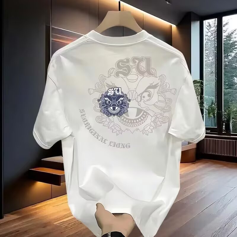 潮流休闲新中式男高级设计款狮子印花圆领宽松百搭打底衫短袖T恤