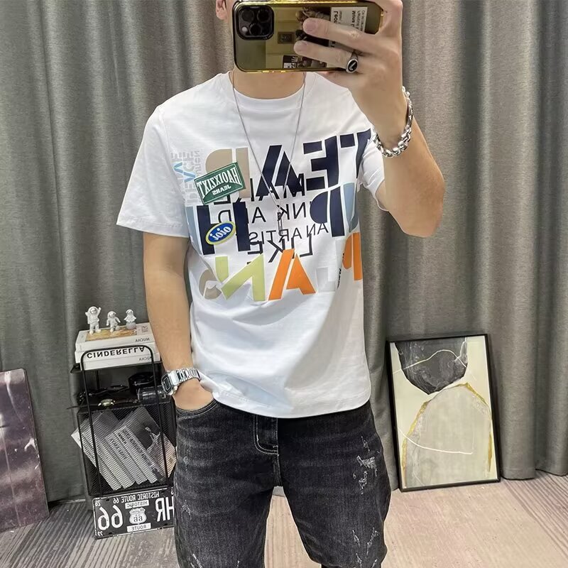 卡通字母2026新款男士休闲潮流50%棉圆领短袖印花T恤潮男韩版