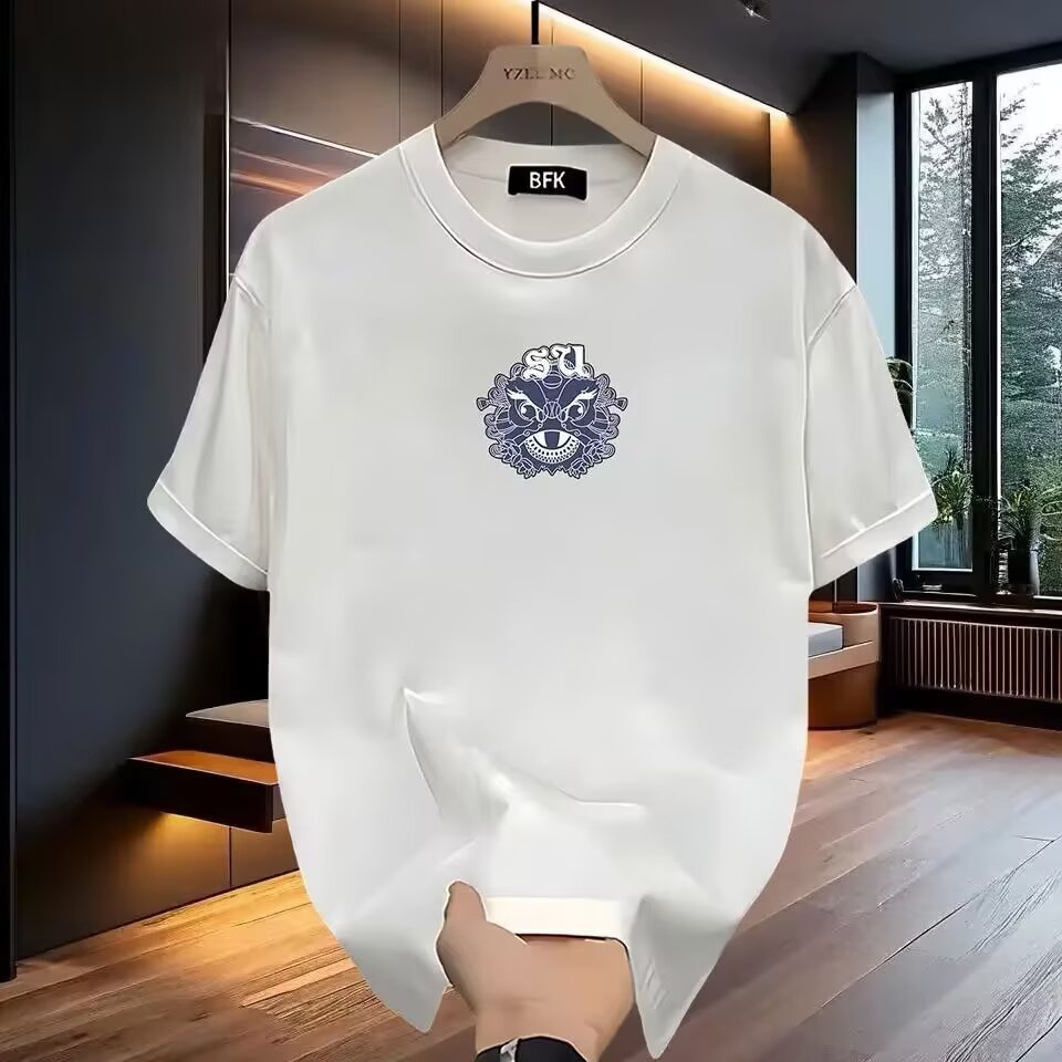 潮流休闲新中式男高级设计款狮子印花圆领宽松百搭打底衫短袖T恤